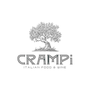 CRAMPI Italian Food & Wine logo – detailed sketch of an olive tree above elegant serif lettering