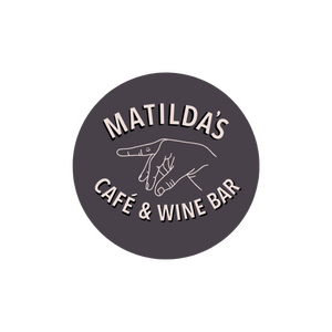 Logo for Matilda’s Café and Wine Bar – hand-drawn design with pointing hand illustration and bold curved lettering