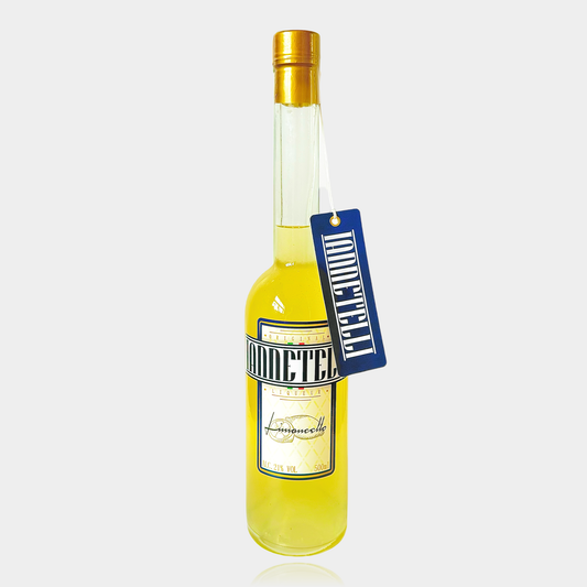 A bottle of Limoncello with a label and blue tag on a white background.