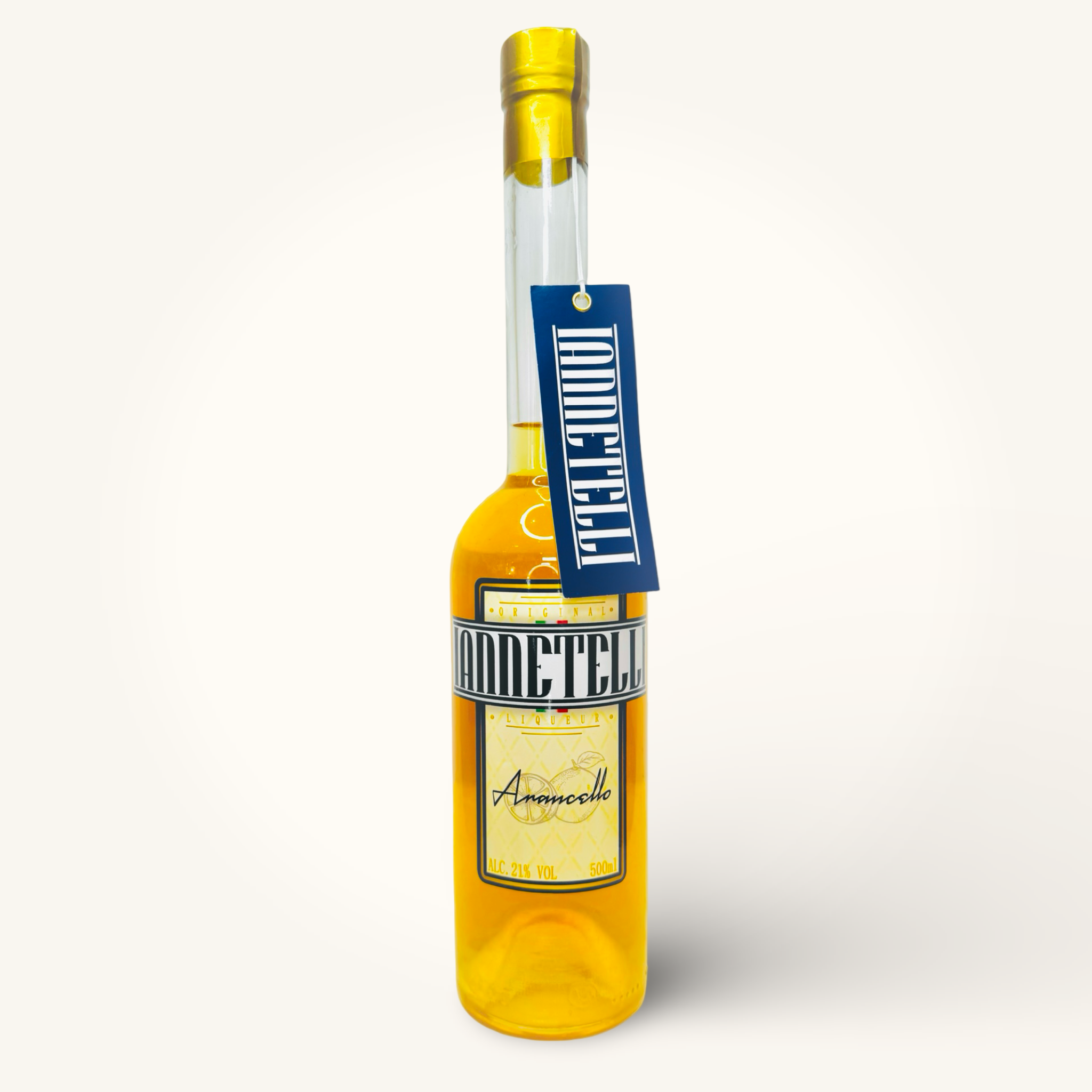 Bottle of Iannetelli Arancello 500ml with blue swing tag on a white background