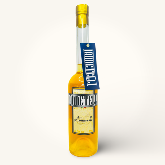 Bottle of Iannetelli Arancello 500ml with blue swing tag on a white background