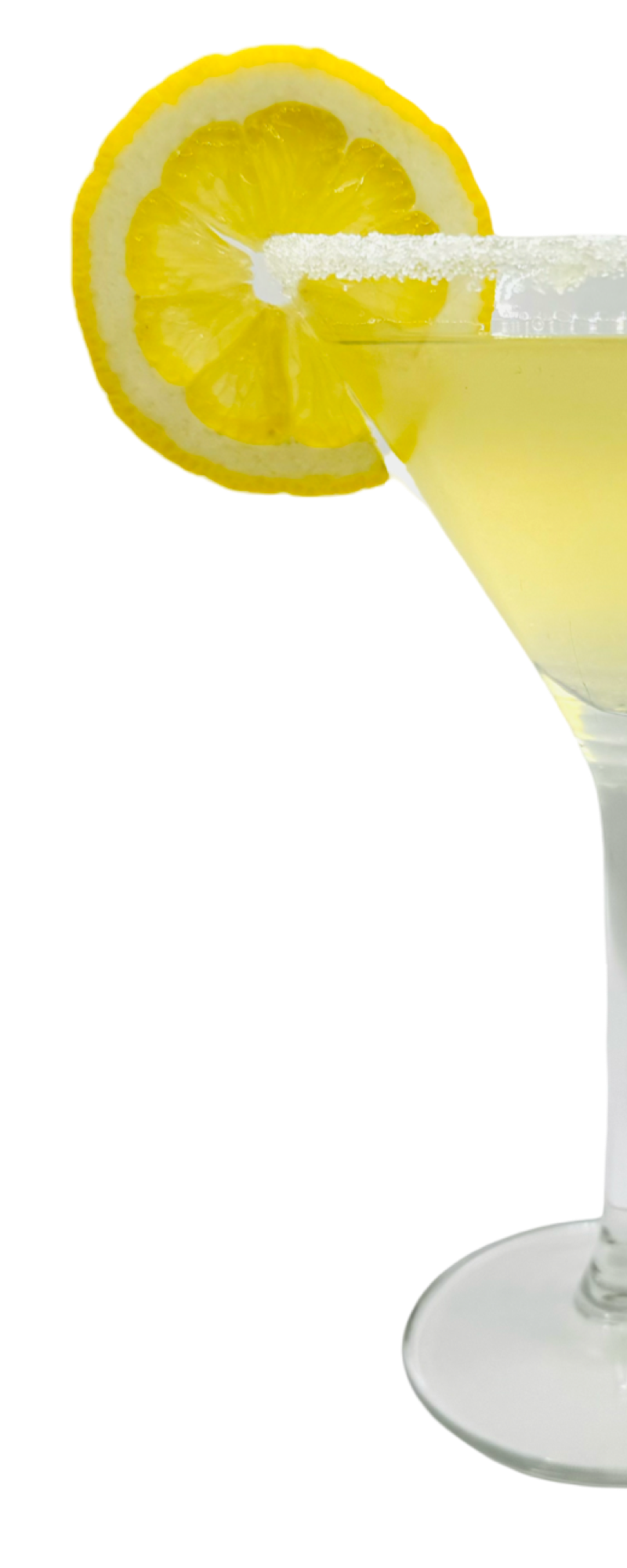 Lemon Drop cocktail served in a crystal glass with a sugared rim, over ice and garnished with a fresh lemon twist